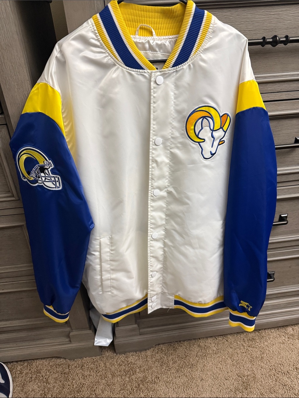 STARTER White, Blue & Yellow Kids Satin Jacket with Rams Patches